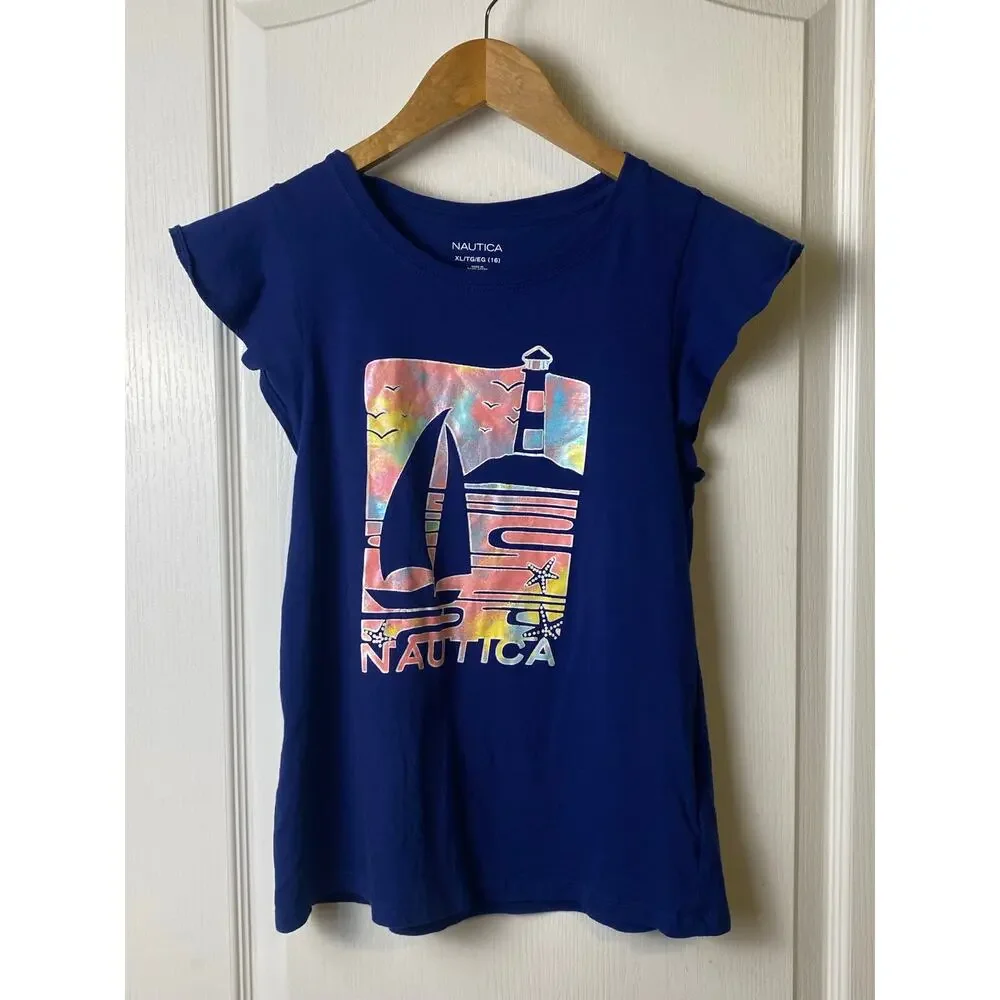 Nautica Girls Blue Sailboat Flutter Sleeve T-shirt Size 16 X-Large